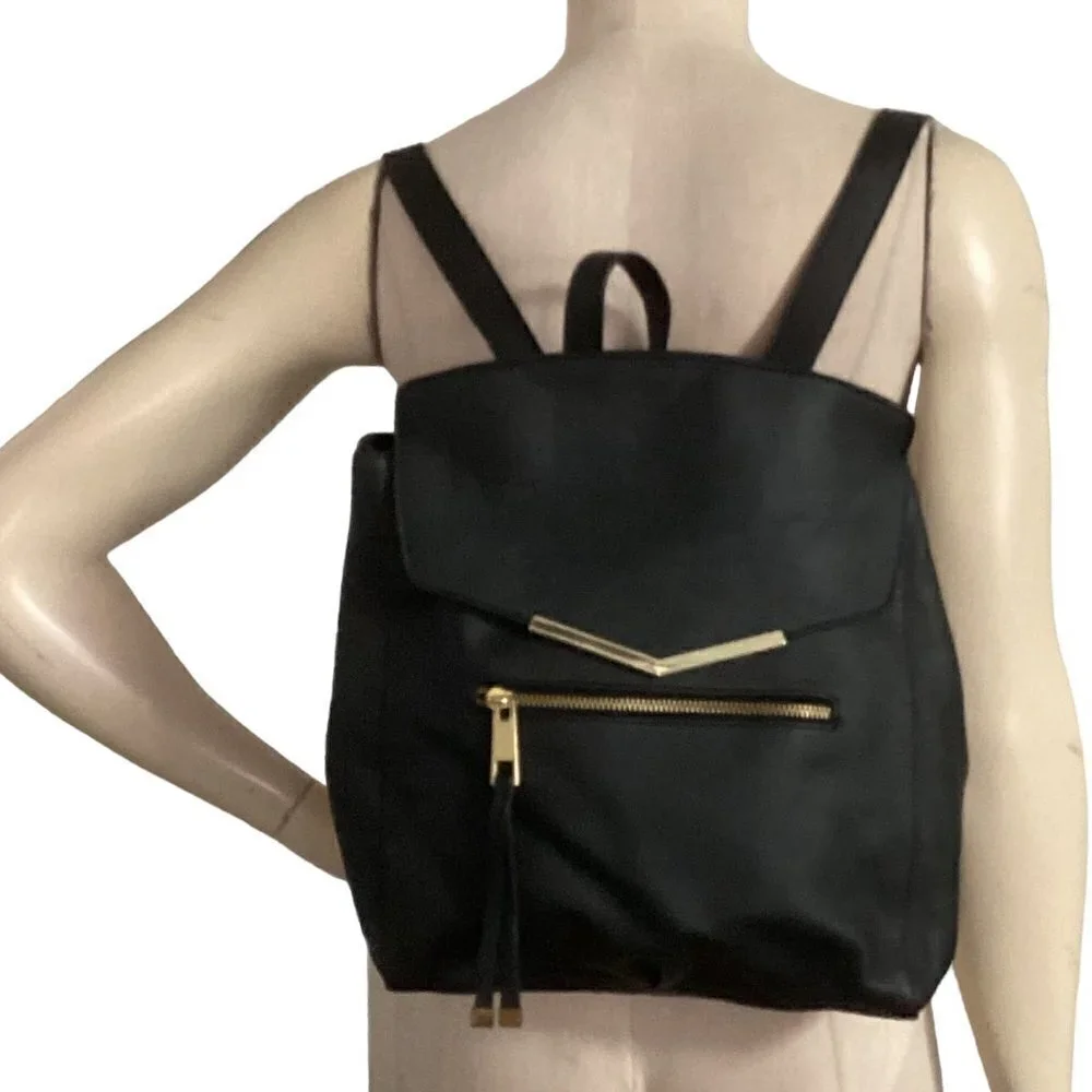 Black Backpack Purse Pebbled Vegan PU Faux Leather Lightweight Gold Accents 154A